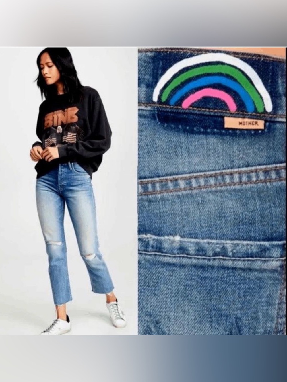 MOTHER Superior Tomcat Ankle Fray Rainbow Patch Jeans 26